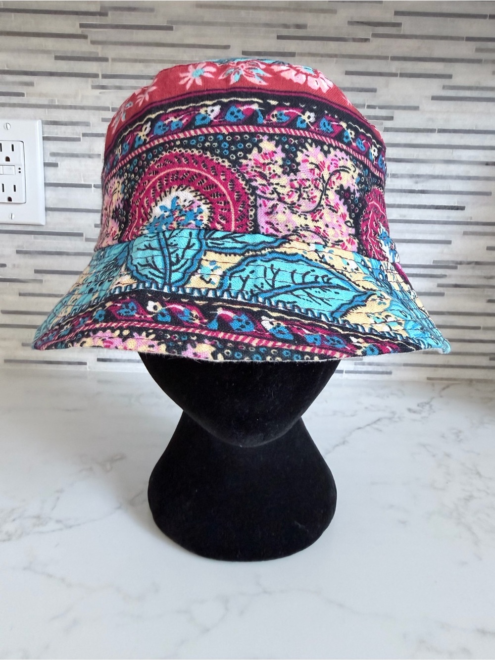 Y2K New Boho Floral Patchwork Bucket Hat - Pink & Turquoise
